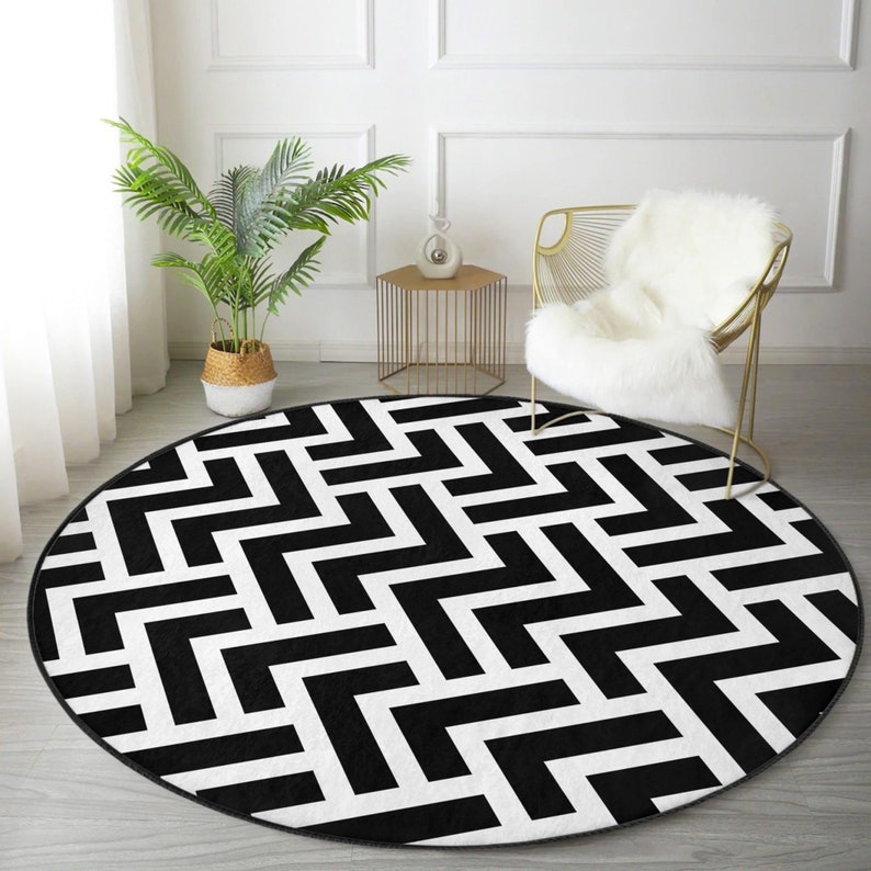 Round Offfice Rugs Black-white Area Rug, Office Space Circle Carpet, Decorative Living ...
