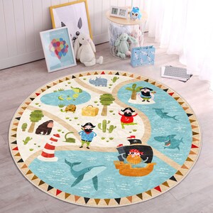 City Roads Nursery Rug, Animal World Map Kids Room Decorative Round Rug, Play Game Non Slip Rug