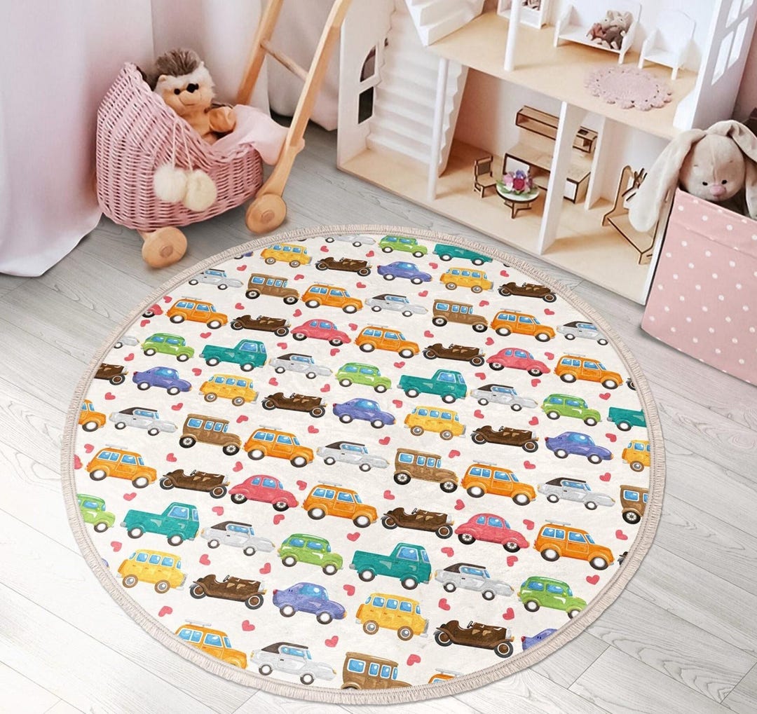 Car Rug Pattern Cars Pattern Boys Rug, Nursery Room Decorative Circle Carpet, Nonslip ...