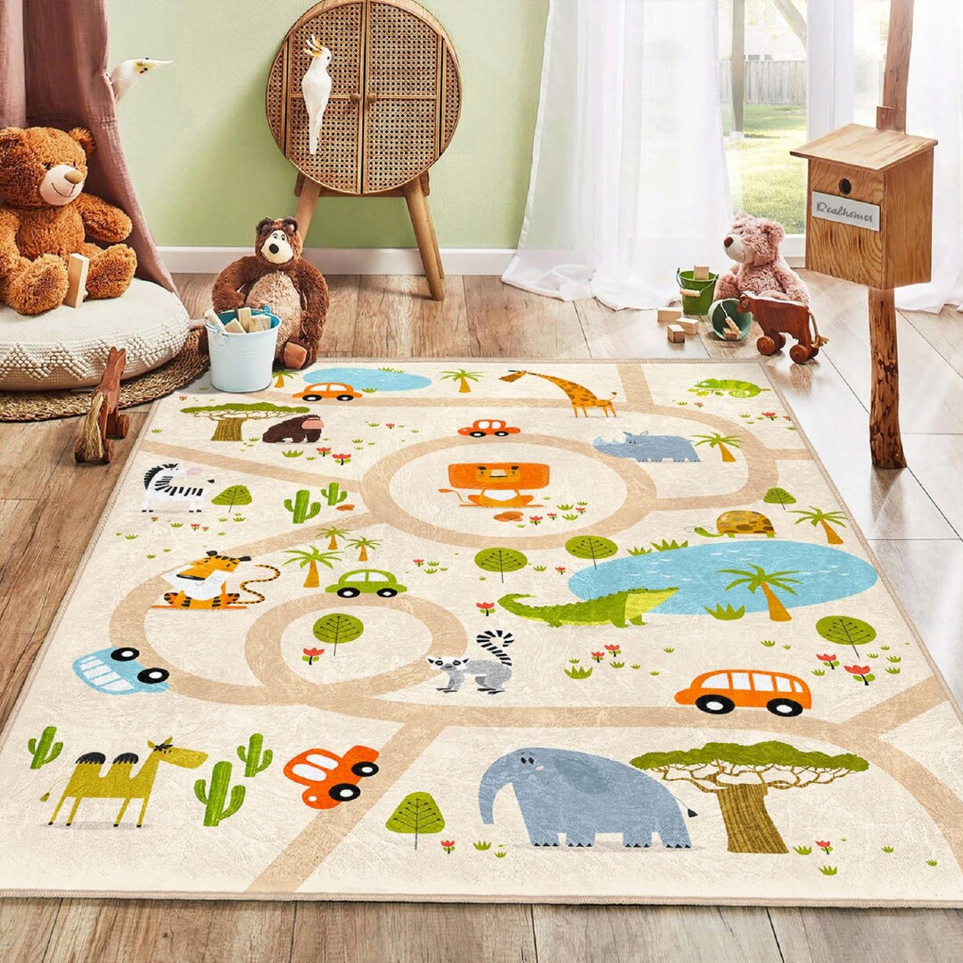 Safari Animal Kids Rug, Kids Game Room Washable Non Slip Carpet, Animal ...