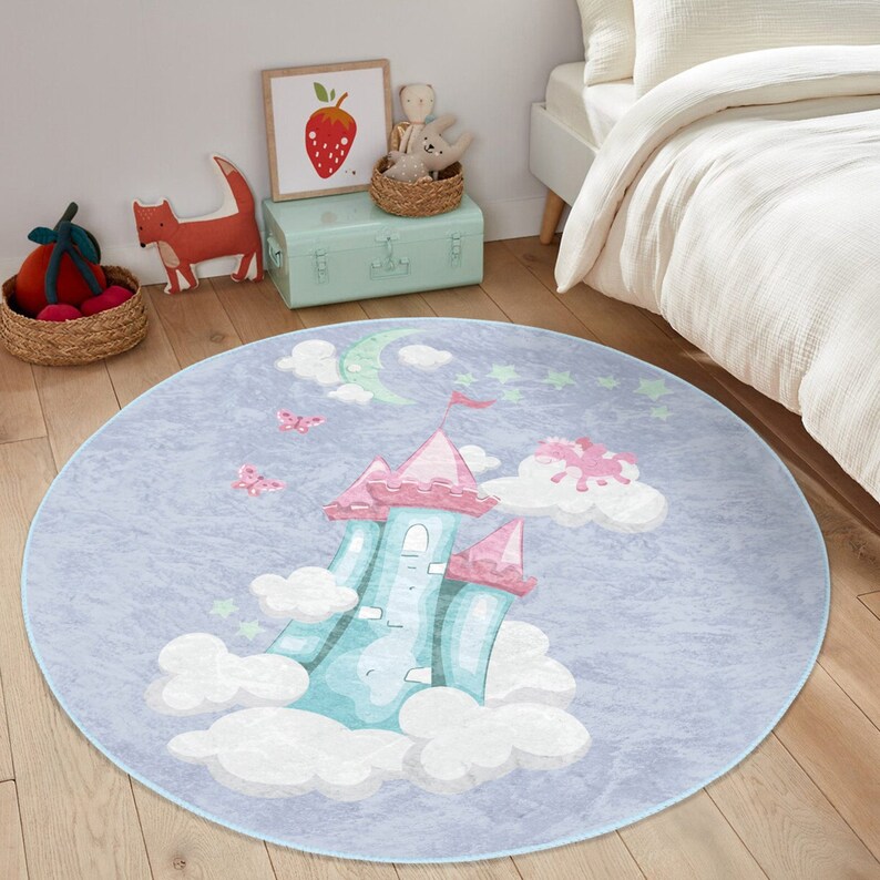 Castle Round Rug Princess Castle Round Rug, Castle Printed Girls Room Decorative Circle ...