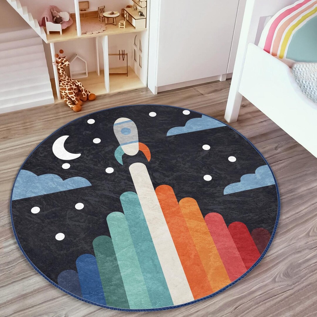 Rocket Circular Rug Space Rocket Kids Rug, Nursery Room Space Patterned Round Rug, Baby ...