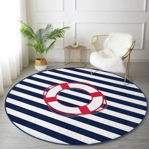 Boat Decoration Round Rug, Anchor Pattern Decorative Circle Rug, Sail Deck Area Rug, Summer Home Decoration Circle Rug