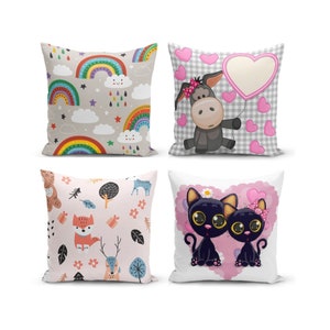 Cute Cat-Cute Animals Printed Pillow Covers, Rainbow Printed Cushion Cover, Kids Room Decorative Throw Pillow Covers, Daily Use Pillow Case