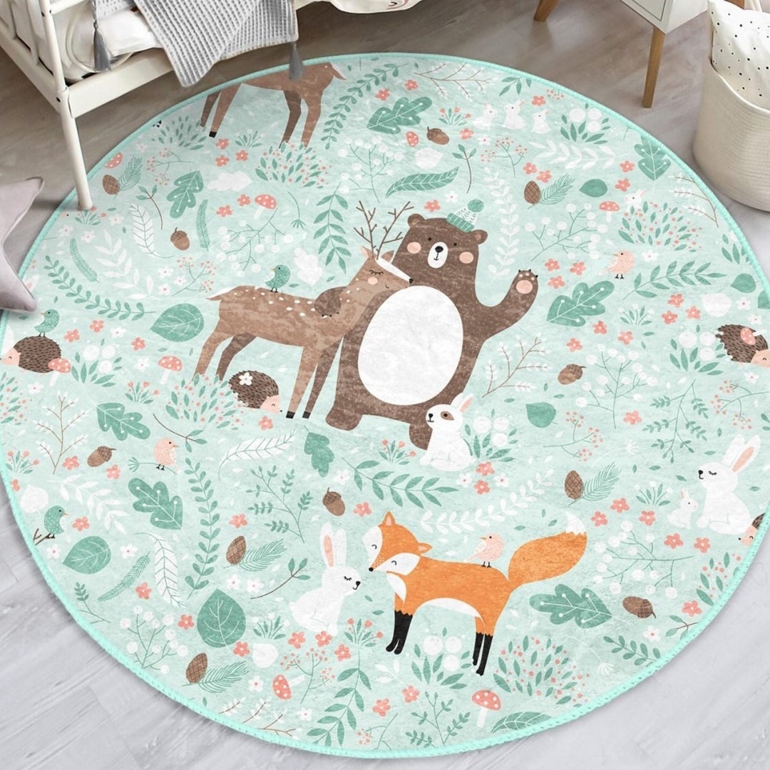 Animal Pattern Nursery Rugs, Kids Room Bear Printed Circle Carpet, Baby