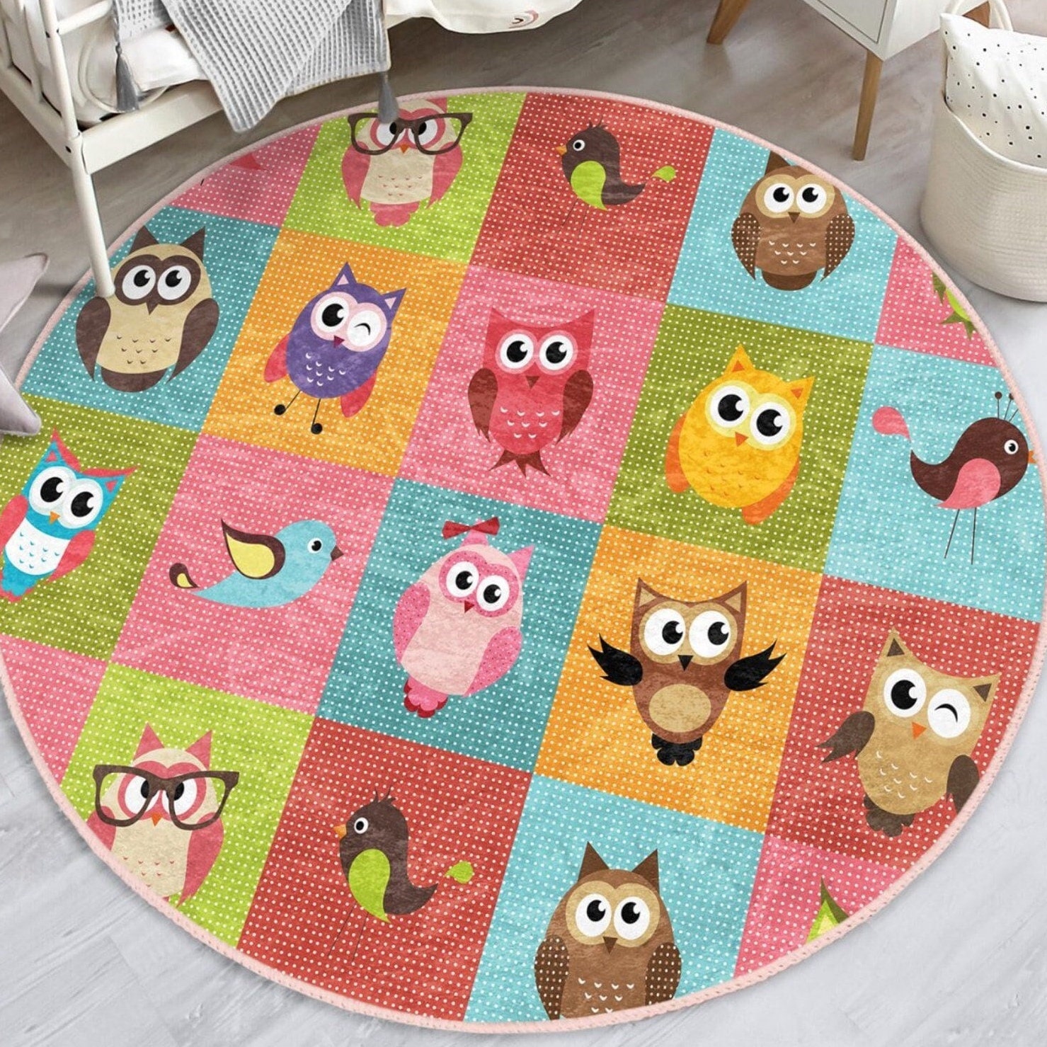 Owl Pattern Kids Rug, Owl Design Nursery Room Round Rug, Nonslip Washable Area Carpet, Toddler Bedro