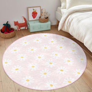 Daisy Kids Rug: Washable Velvet, Non-Slip Nursery Decor