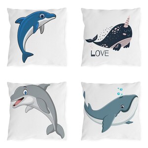 Capa de almofada infantil com tema de baleia e golfinho: decoração para berçário com vida marinha