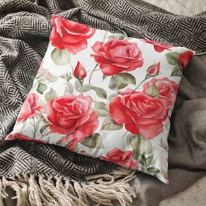 Red Rose Throw Pillow, Red Rose Pattern Home Decoration Cushion Covers, Floral Living Room Pillow by Homeezone