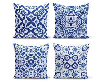 Blue Motifs Patterned Pillow Case, Blue Patio Pillow Covers, Living Room Decorative Cushion Cover, Outdoor Furniture Decor Throw Pillow