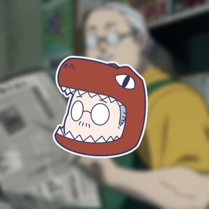 May include: A sticker featuring a cartoon character wearing a red dinosaur hat with white teeth and a white eye. The character has round glasses and a small mustache. The sticker has a white border.