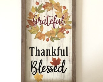 Grateful Thankful Blessed Framed Wooden Wall Hangings Decorative 12.5x7inches