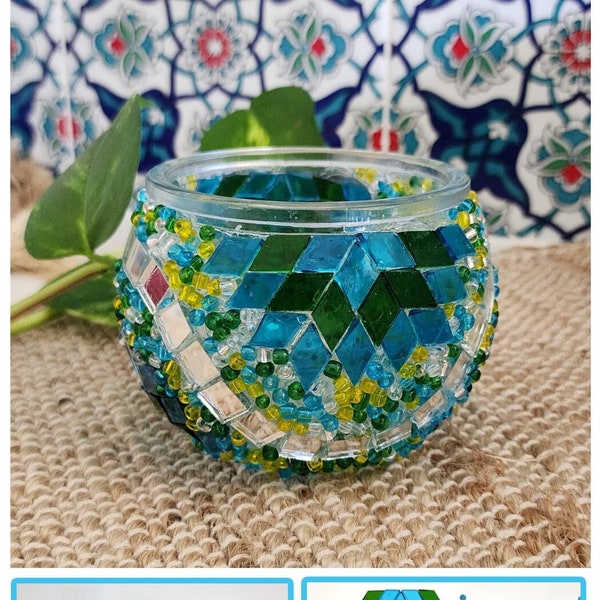 Kit de bricolage de bougies chauffe-plat en mosaïque au Trésor du Sultan - Verre mosaïque et perles de rocaille - Bleu vert et miroir !