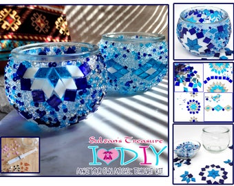 Sultan's Treasure Mosaic Tealight Candle DIY Craft Kit Blue - Mosaic Glass and Seed Beads