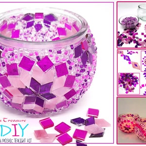 Sultan&#39;s Treasure Mosaic Tealight Candle DIY Craft Kit - Mosaic Glass and Seed Beads - Cherry Pink