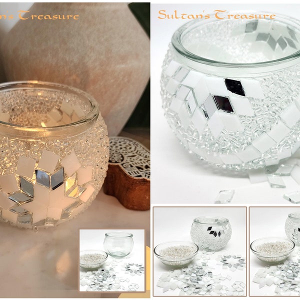 Sultan's Treasure Mosaic Tealight Candle DIY Craft Kit - Mosaic Glass and Seed Beads -Crystal White