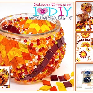 Sultan&#39;s Treasure Mosaic Tealight Candle DIY Craft Kit - Mosaic Glass and Seed Beads - Orange Portakal