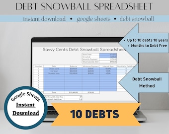 May include: A computer screen displaying a Google Sheets spreadsheet titled "Savvy Cents Debt Snowball Spreadsheet". The spreadsheet is designed to help users track and manage their debt using the debt snowball method. The spreadsheet includes columns for debt name, balance, minimum payment, interest rate, and months to debt free. The spreadsheet also includes a total row for the total debt, minimum payment, and months to debt free. The spreadsheet is designed for up to 10 debts and 10 years. The image also includes the text "Debt Snowball Method" and "10 Debts".