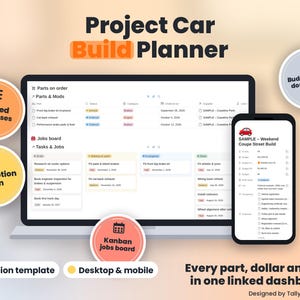 May include: A digital Project Car Build Planner dashboard displayed on a laptop and smartphone screen. The interface features linked databases, a Kanban jobs board, and budget tracking tools. Text includes Project Car Build Planner.