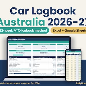 Car Logbook Australia 2026-27, 12 Week Vehicle Logbook Spreadsheet for ATO Logbook Method, Logbook vs Cents per km, Excel & Google Sheets