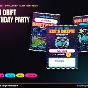 Invitación de cumpleaños con temática de coches de drift, paquete de fiesta con temática de coches de carreras JDM, invitación de cumpleaños infantil editable, carteles para fiestas, adornos para cupcakes, PDF rellenable
