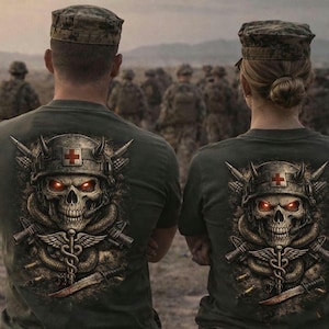 Puede incluir: Dos personas vestidas con camisetas verde oliva con un detallado gráfico de calavera en la espalda. La calavera tiene ojos rojos brillantes, un casco con una cruz roja y está rodeada de armas y símbolos médicos. El fondo muestra un grupo de soldados.