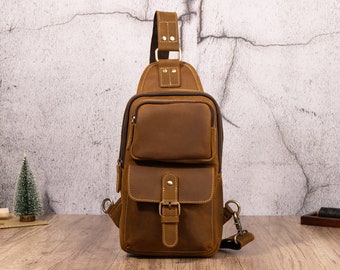 Leather Travel Retro Sling Bag Men, Minimalist Crossbody Bag,  Stylish Daily Pack, Simplicity Shoulder Bag for Husband, Gift for Boyfriend