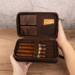 Personalized Crazy Horse Leather Cigar Case Travel Cigar Box, 4 Tubes Holder, Monogram Cigar Holder Lovers Gift for Husband