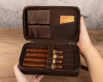 Personalized Crazy Horse Leather Cigar Case Travel Cigar Box, 4 Tubes Holder, Monogram Cigar Holder Lovers Gift for Husband