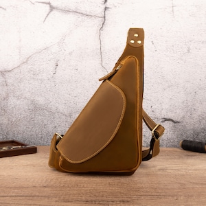 Genuine Leather Chest Pack Men's Leather Sling bag Triangle Chest Bag Casual Crossbody Bag Daypack Gift For Lover