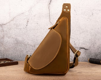 Genuine Leather Chest Pack Men's Leather Sling bag Triangle Chest Bag Casual Crossbody Bag Daypack Gift For Lover