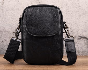 Black Cowhide Waist Bag Minimalist Mobile Phone Bag Genuine Leather Leisure Travel Shoulder Bag Multifunctional Fashionable Mini Bag
