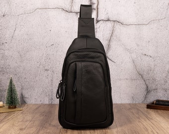 Genuine Leather Men's Chest Bag Black Large Capacity Casual Sling Bag Cowhide iPad Shoulder Bag