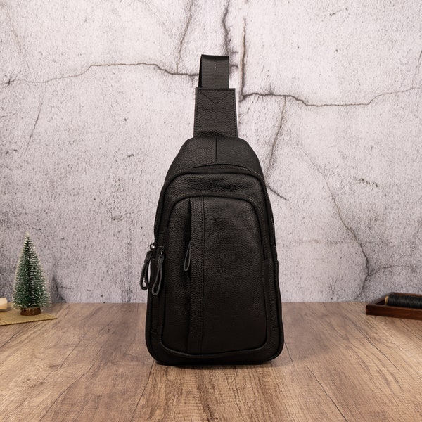 Genuine Leather Men's Chest Bag Black Large Capacity Casual Sling Bag Cowhide iPad Shoulder Bag