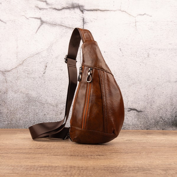 Genuine Leather Sling Bag For Men And Women Triangle Crossbody Bags Chest Bag Casual Crossbody Shoulder Chest Daypack Gift For Him And Her