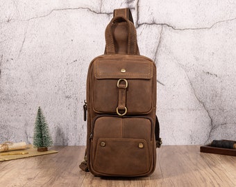 Leather Sling Bag for Men, Durable Adjustable Crossbody Bag Purse with Zipper, Best Gift for Husband, Father, Boyfriend. Travel Waist Bag