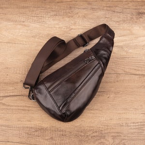 Genuine Leather Sling Bag For Men And Women Triangle Crossbody Bags Chest Bag Casual Crossbody Shoulder Chest Daypack Gift For Him And Her Coffe