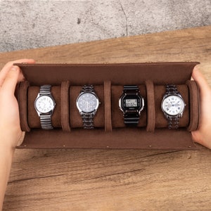 Brown Leather Watch Roll for Men, Portable Watch Case for 4 Watches, Tough Portable Protection, Fits Wrist Watches, Camping Accessories Gift