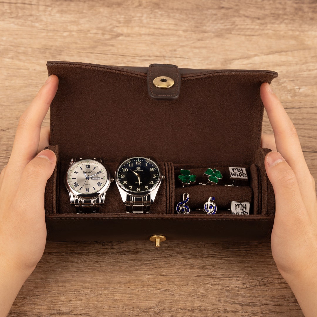 Personalized Leather Watch Case for Men, 3 Watches Travel Case, Brown