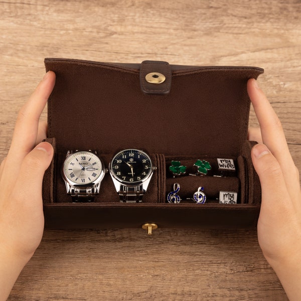 Étui de montre en cuir personnalisé pour hommes, étui de voyage pour 3 montres, boîte à boutons de manchette portables marron, organisateur de luxe original, cadeau d'anniversaire