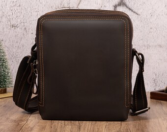 Sac à bandoulière décontracté en cuir véritable pour homme, sac à bandoulière simple, sac messager rétro pour homme, peau de cheval fou