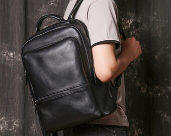 Handmade Black Genuine Large Leather Backpack Rucksack Laptop Knapsack College Travel Trekking Hiking Bag For Men And Women Gift For Him Her