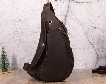 Genuine Leather Chest Pack Men's Leather Sling bag Triangle Chest Bag Casual Crossbody Bag Daypack Gift For Lover