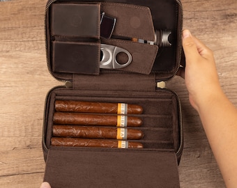 Premium 4-Finger Coffee Leather Cigar Cases, Personalized Leather Cigar Holder, Cigar Travel Case, Groomsmen Proposal, Wedding Gifts