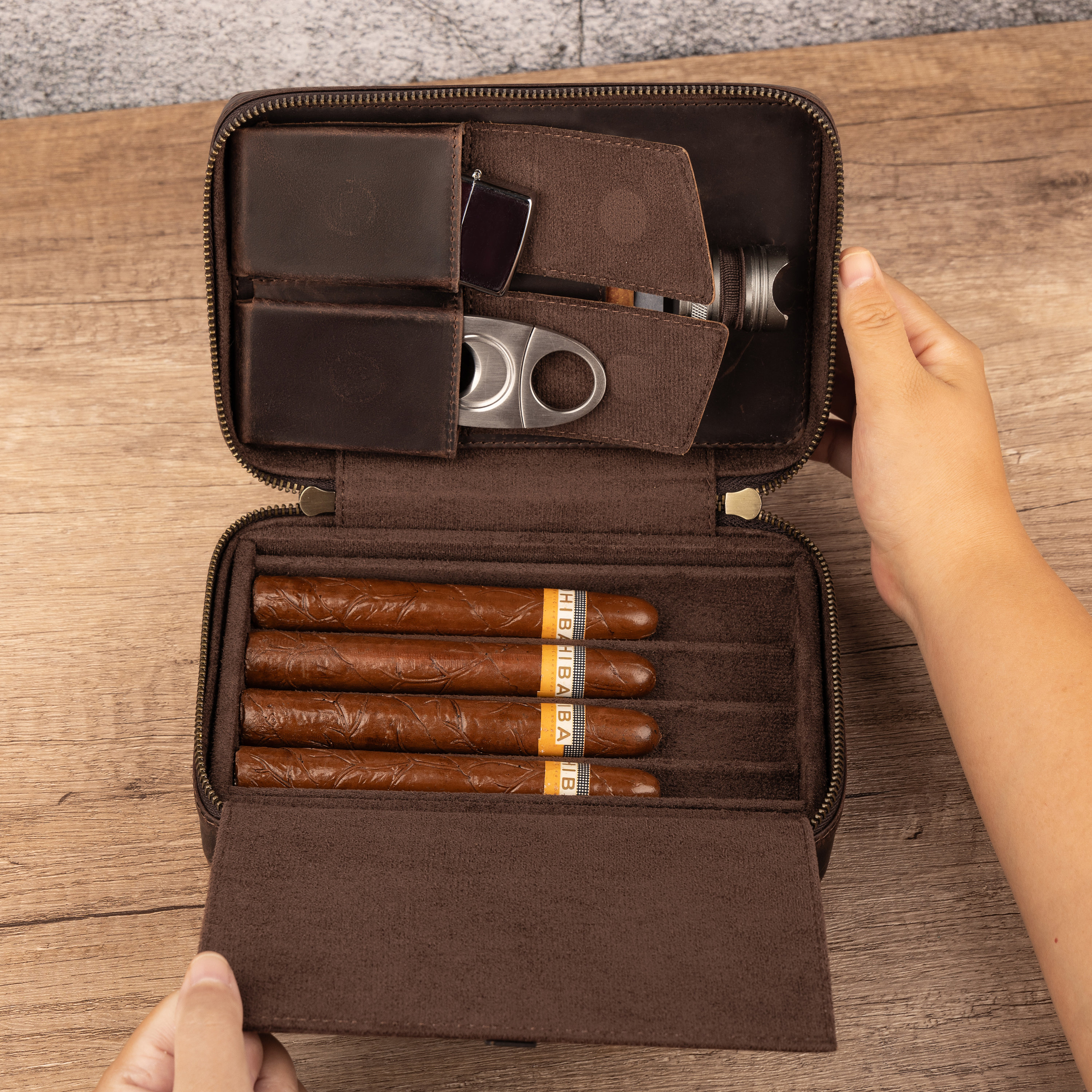 Leather Cigar Case Holster Portable Travel Black Browm Humidor