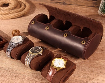 Personalized Crazy Horse Leather Watch Roll Travel Case for 3 Watches Tough Portable Protection, Brown Portable Watch Case