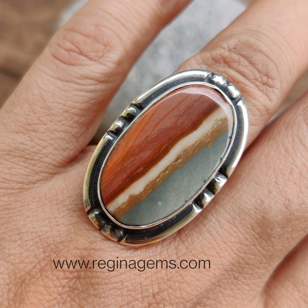 Owyhee Picture Jasper Ring in Sterling Silver - Polychrome Jasper Ring- Picture Wood Jasper Ring- Landscape Jasper Ring- Yellow Jasper Ring