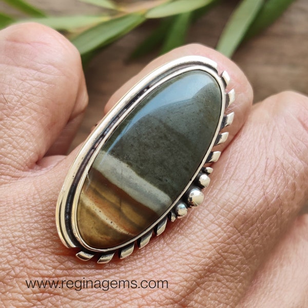 Owyhee Picture Jasper Statement Ring in Sterling Silver Handmade Large Jasper Ring Picture Wood Jasper Ring Polychrome Jasper Ring 38x20 mm