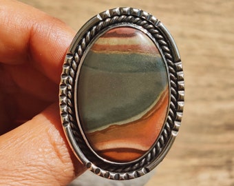 Large Owyhee Picture Jasper Ring in Sterling Silver-Polychrome Jasper Ring-Picture Wood Jasper Ring-Landscape Jasper Ring-Unique Jasper Ring