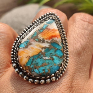Blue Spiny Oyster Turquoise Ring in 925 Sterling Silver - Handmade  Sothwest Ring - Boho Gift Idea 36x28mm
